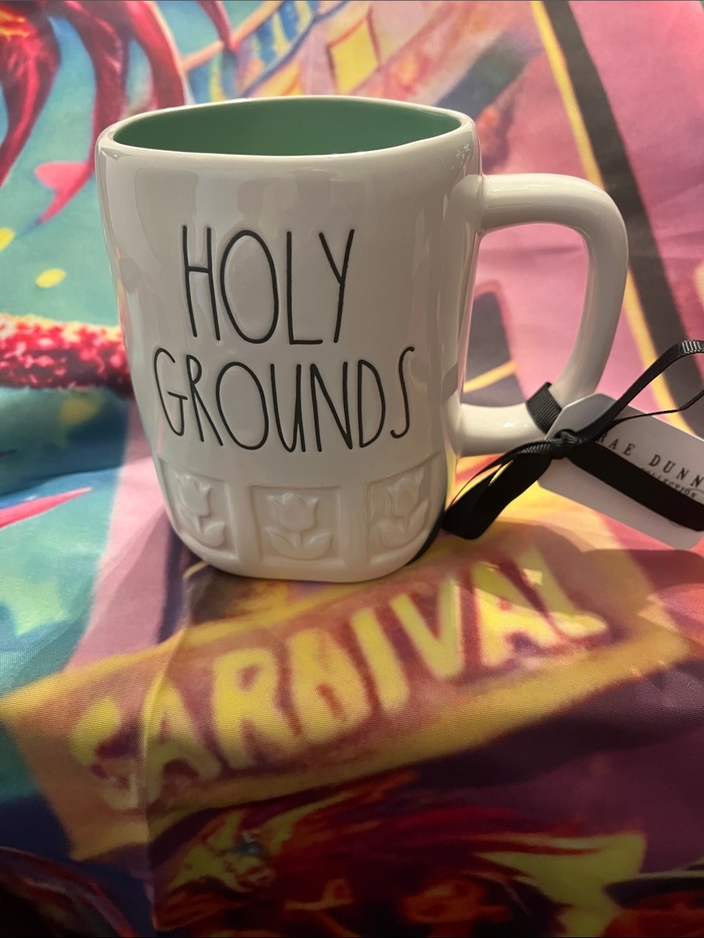 Rae Dunn White Mug with Mint Interior - "Holy Grounds"